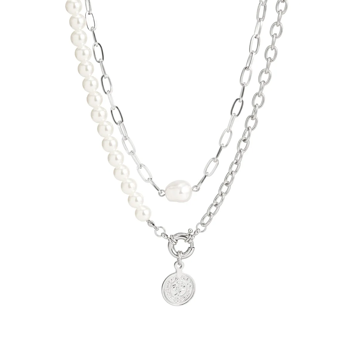 Pearl & Silver-Plated Coin Pendant Necklace Set