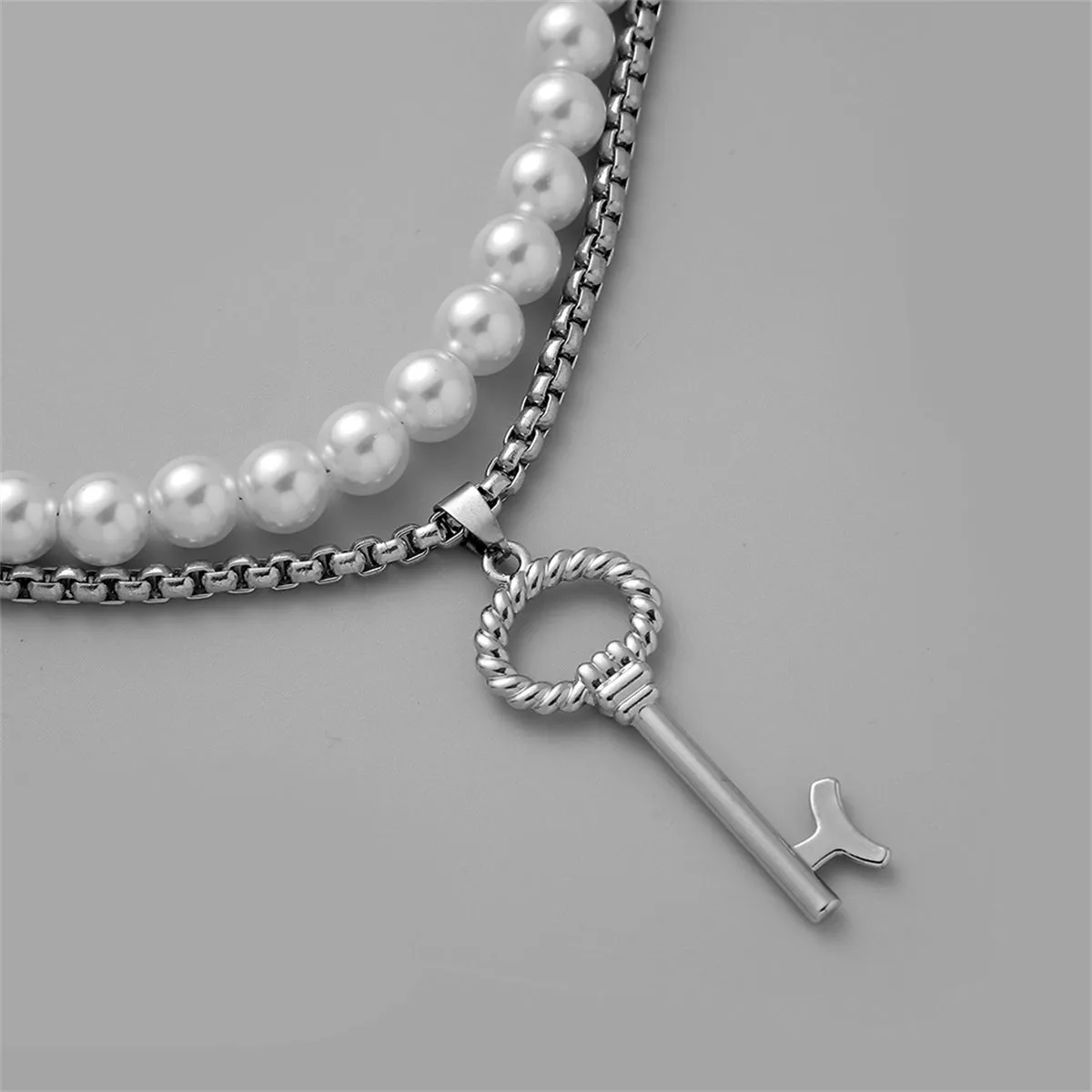 Pearl & Silver-Plated Key Pendant Necklace Set