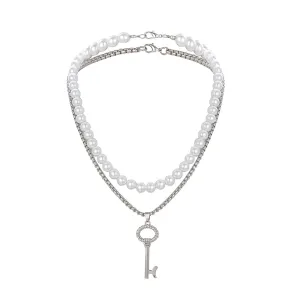 Pearl & Silver-Plated Key Pendant Necklace Set