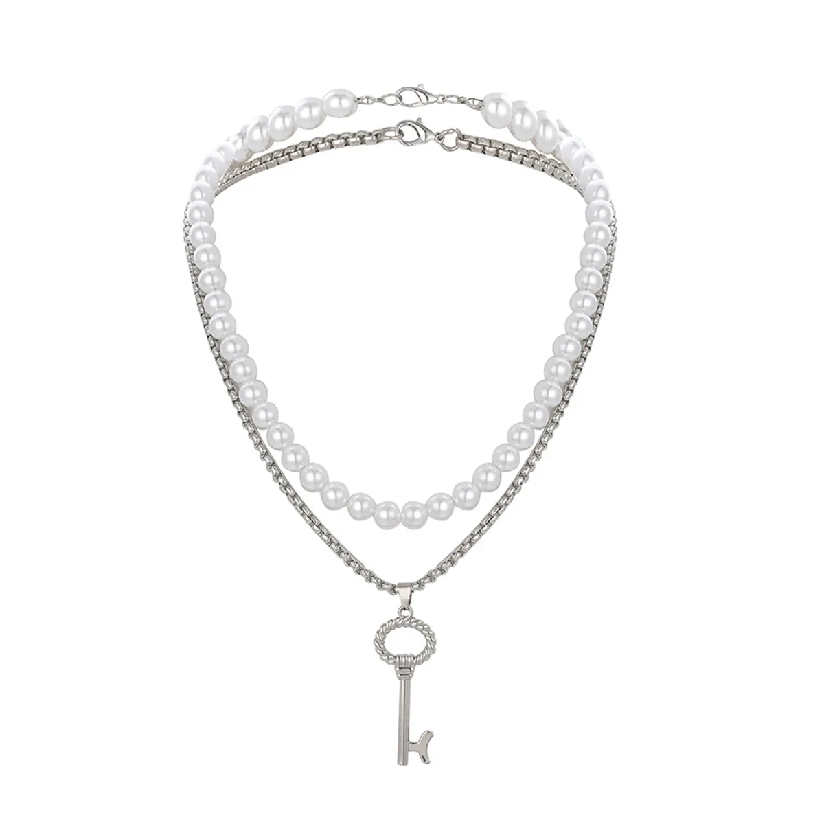 Pearl & Silver-Plated Key Pendant Necklace Set