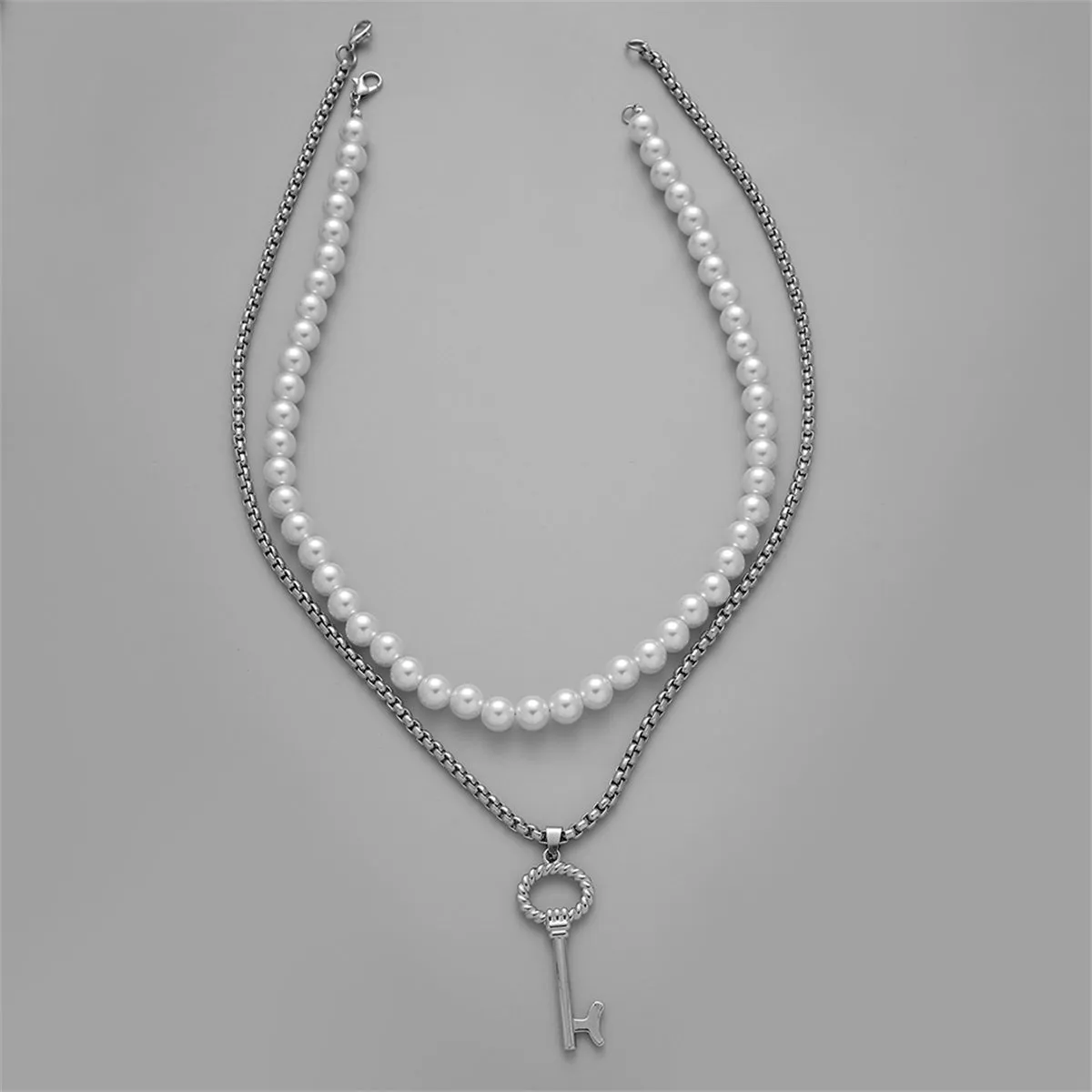 Pearl & Silver-Plated Key Pendant Necklace Set