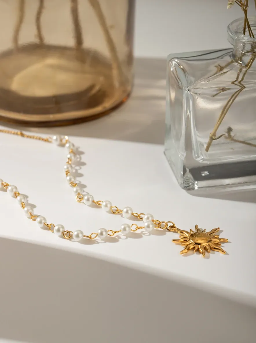 Pearl Chain Sun Pendant Necklace