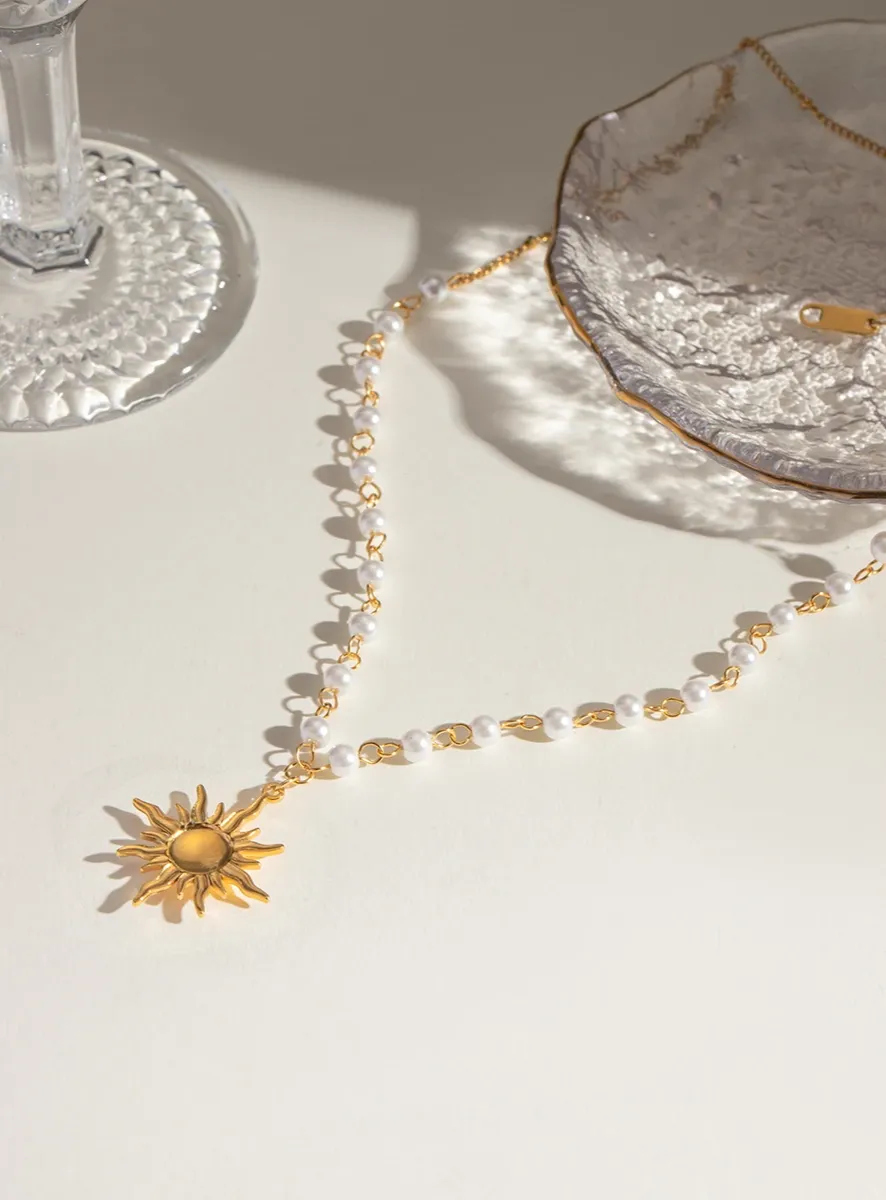 Pearl Chain Sun Pendant Necklace