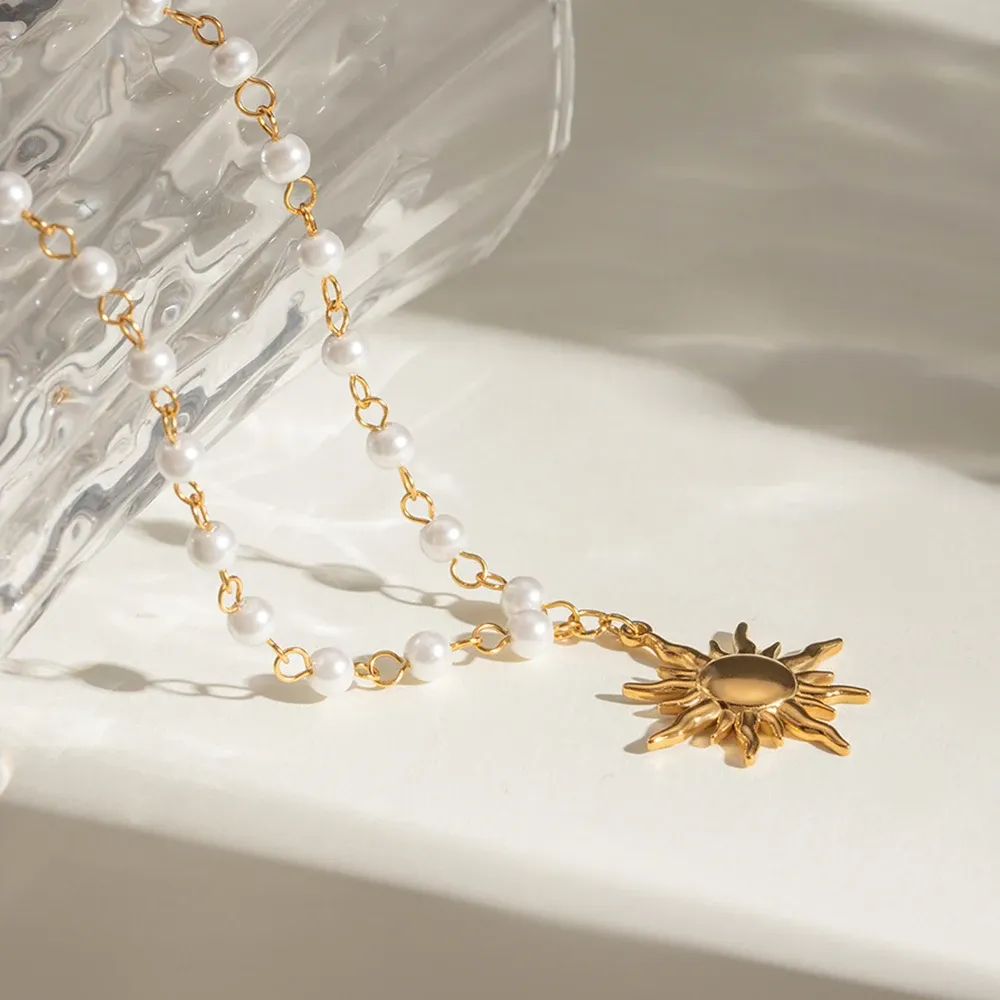 Pearl Chain Sun Pendant Necklace