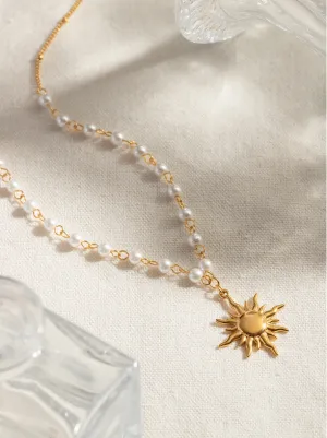 Pearl Chain Sun Pendant Necklace
