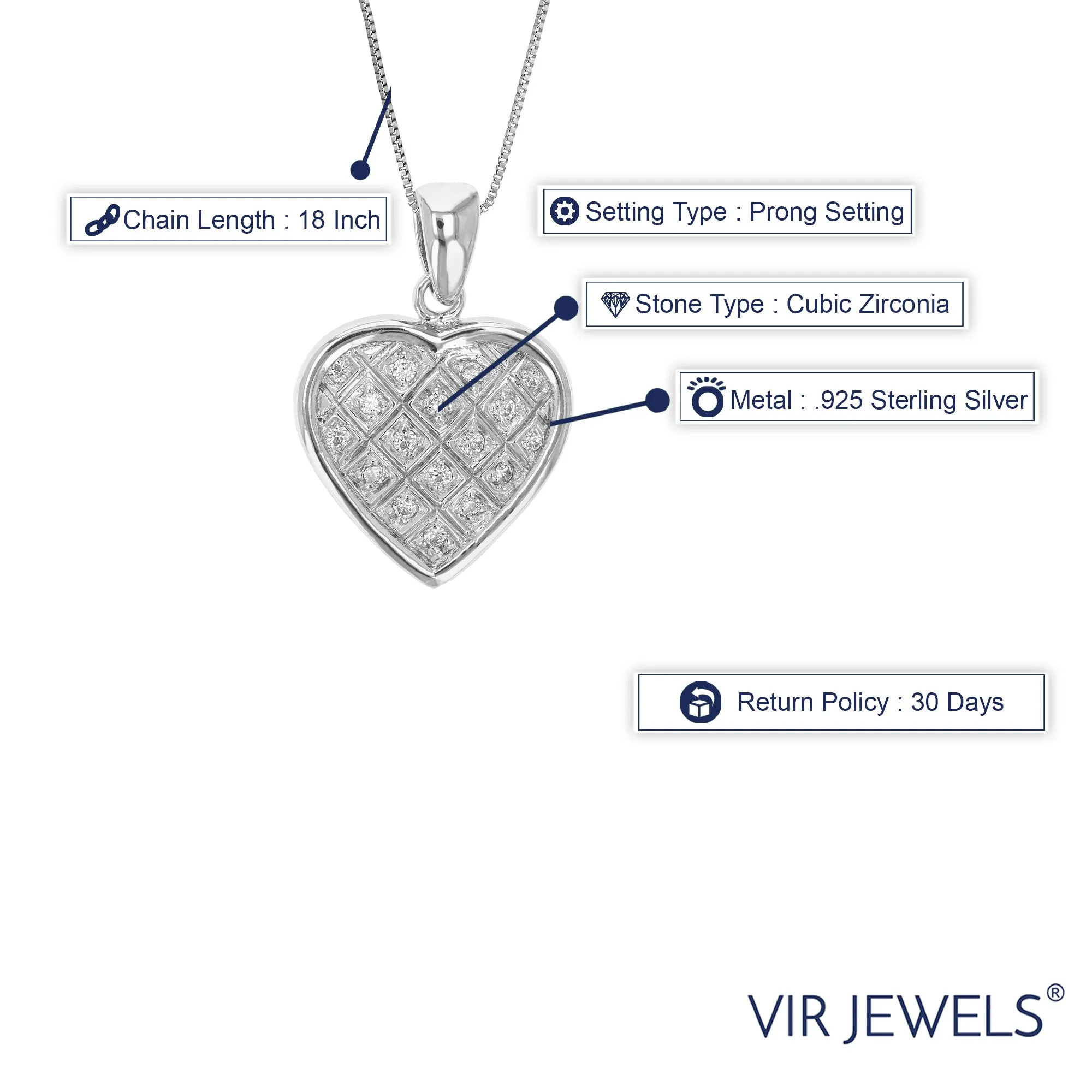 Pendant Necklace, CZ Heart Pendant Necklace for Women in .925 Sterling Silver with 18 Inch Chain