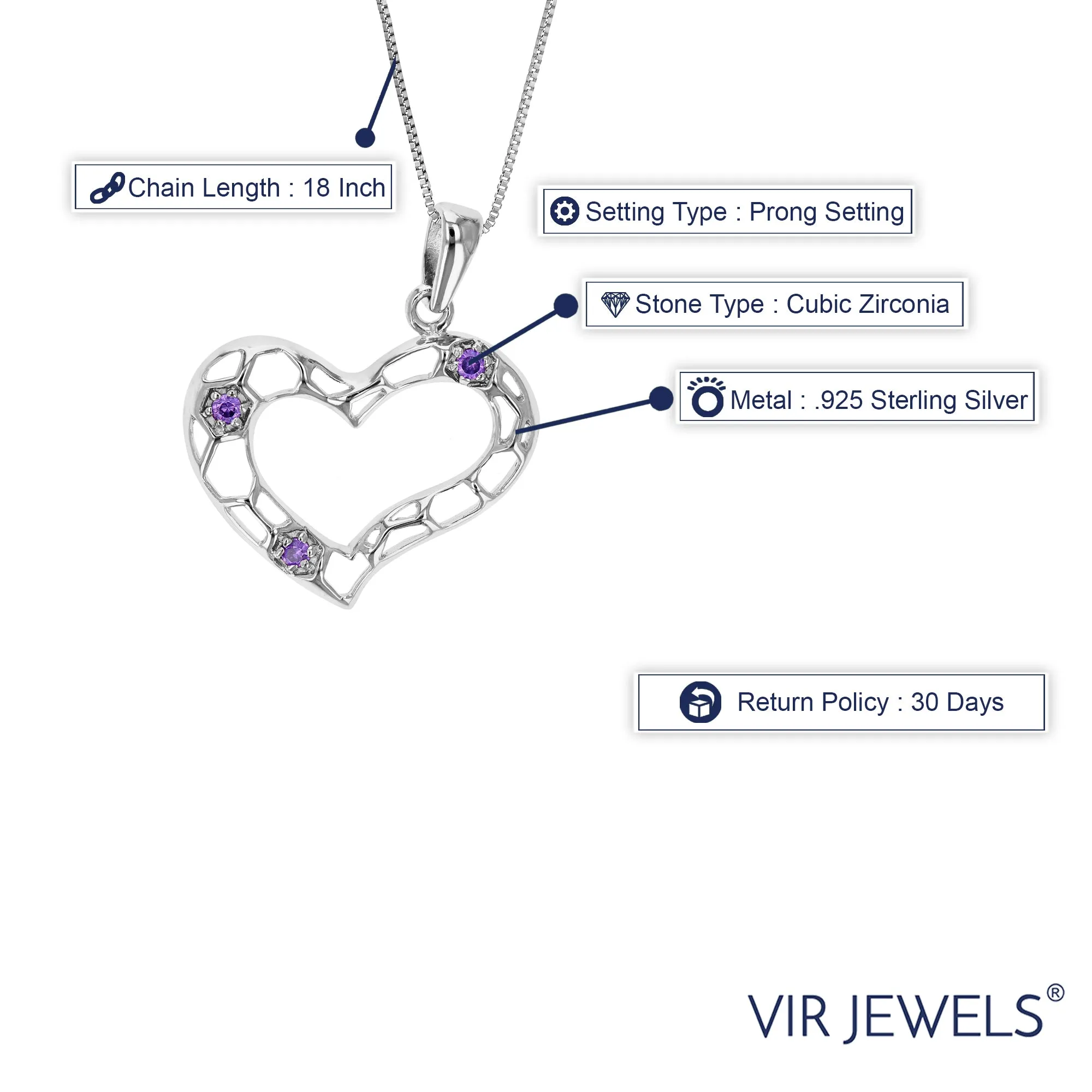 Pendant Necklace, Heart Shape Purple CZ Pendant Necklace for Women in .925 Sterling Silver with 18 Inch Chain