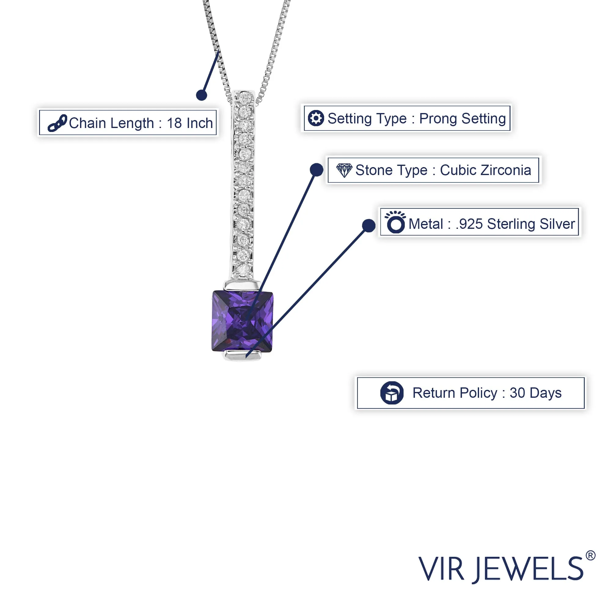 Pendant Necklace, Purple CZ Princess Pendant Necklace for women in .925 Sterling Silver with 18 Inch Chain