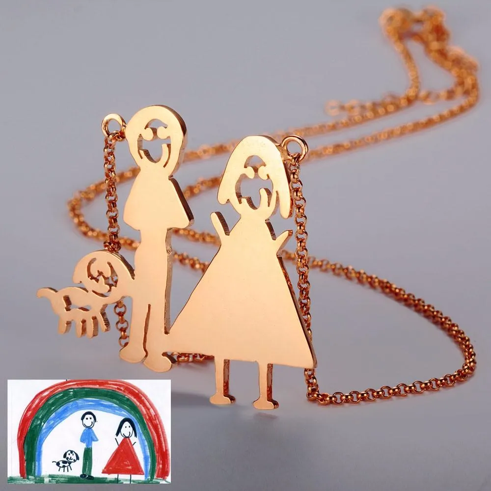 Personalized 925 Sterling Silver Family Drawing Necklace, Hand Drawn Family Love Pendant, Perfect Jewelry Gift for Women