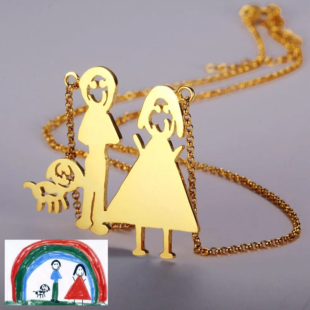 Personalized 925 Sterling Silver Family Drawing Necklace, Hand Drawn Family Love Pendant, Perfect Jewelry Gift for Women