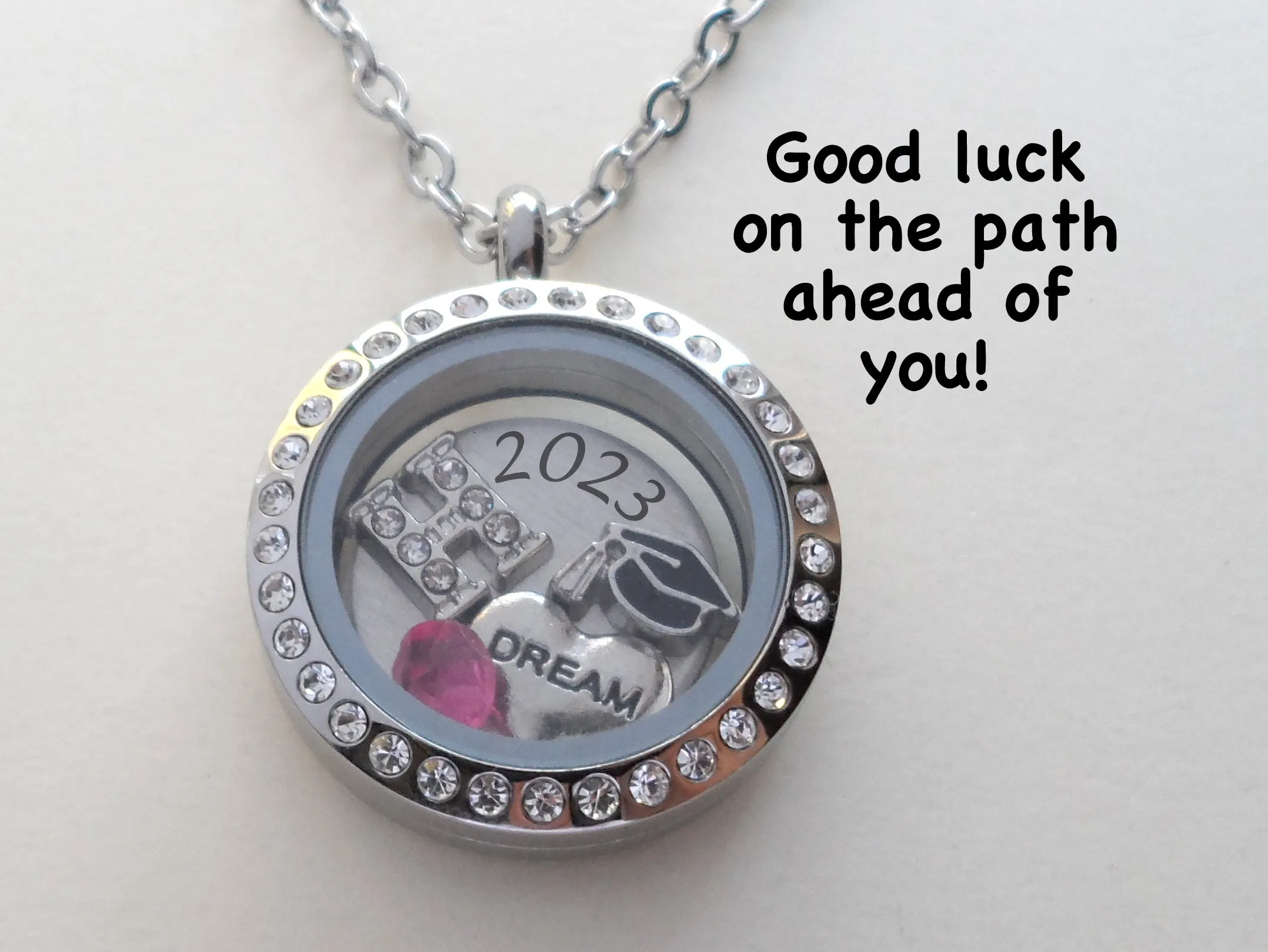 Personalized Graduation Floating Charm Locket Necklace with 2025 Disc, Graduate Cap, Dream Heart, Letter and Birthstone Charm - by Jewelry Everyday
