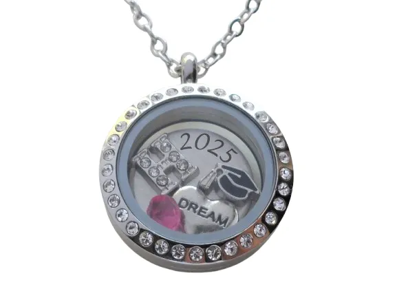 Personalized Graduation Floating Charm Locket Necklace with 2025 Disc, Graduate Cap, Dream Heart, Letter and Birthstone Charm - by Jewelry Everyday