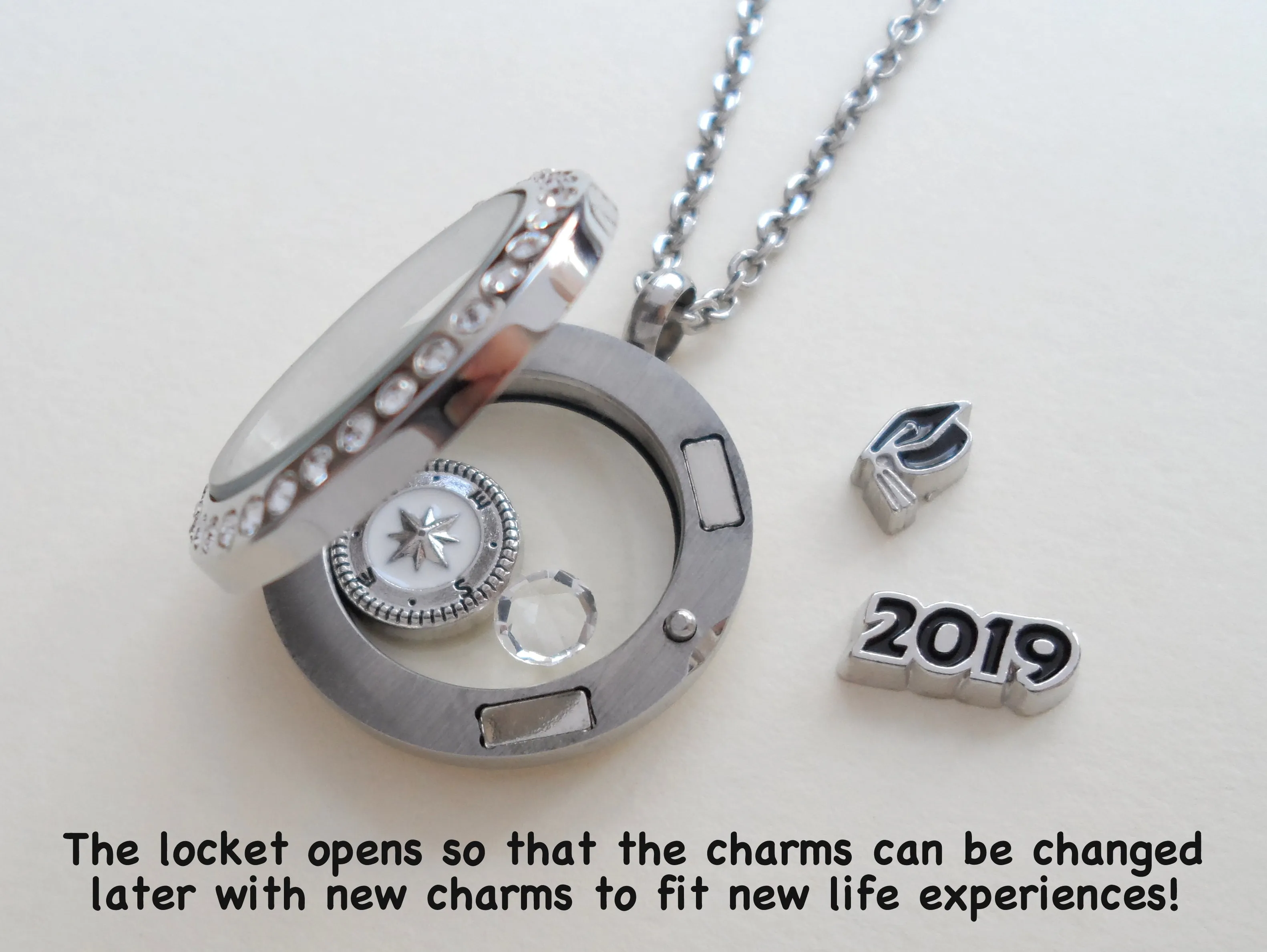 Personalized Graduation Floating Charm Locket Necklace with 2025 Disc, Graduate Cap, Dream Heart, Letter and Birthstone Charm - by Jewelry Everyday