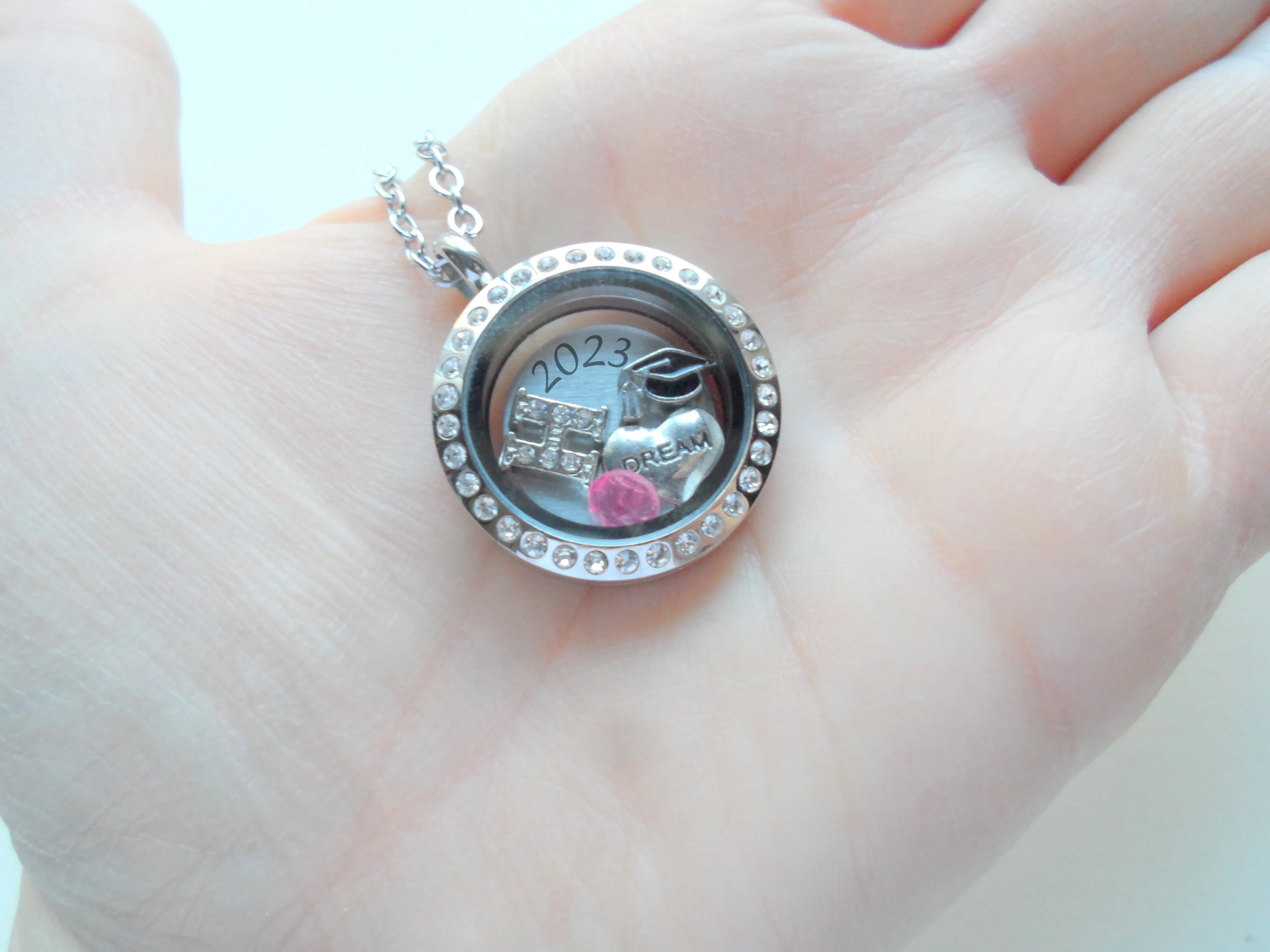 Personalized Graduation Floating Charm Locket Necklace with 2025 Disc, Graduate Cap, Dream Heart, Letter and Birthstone Charm - by Jewelry Everyday