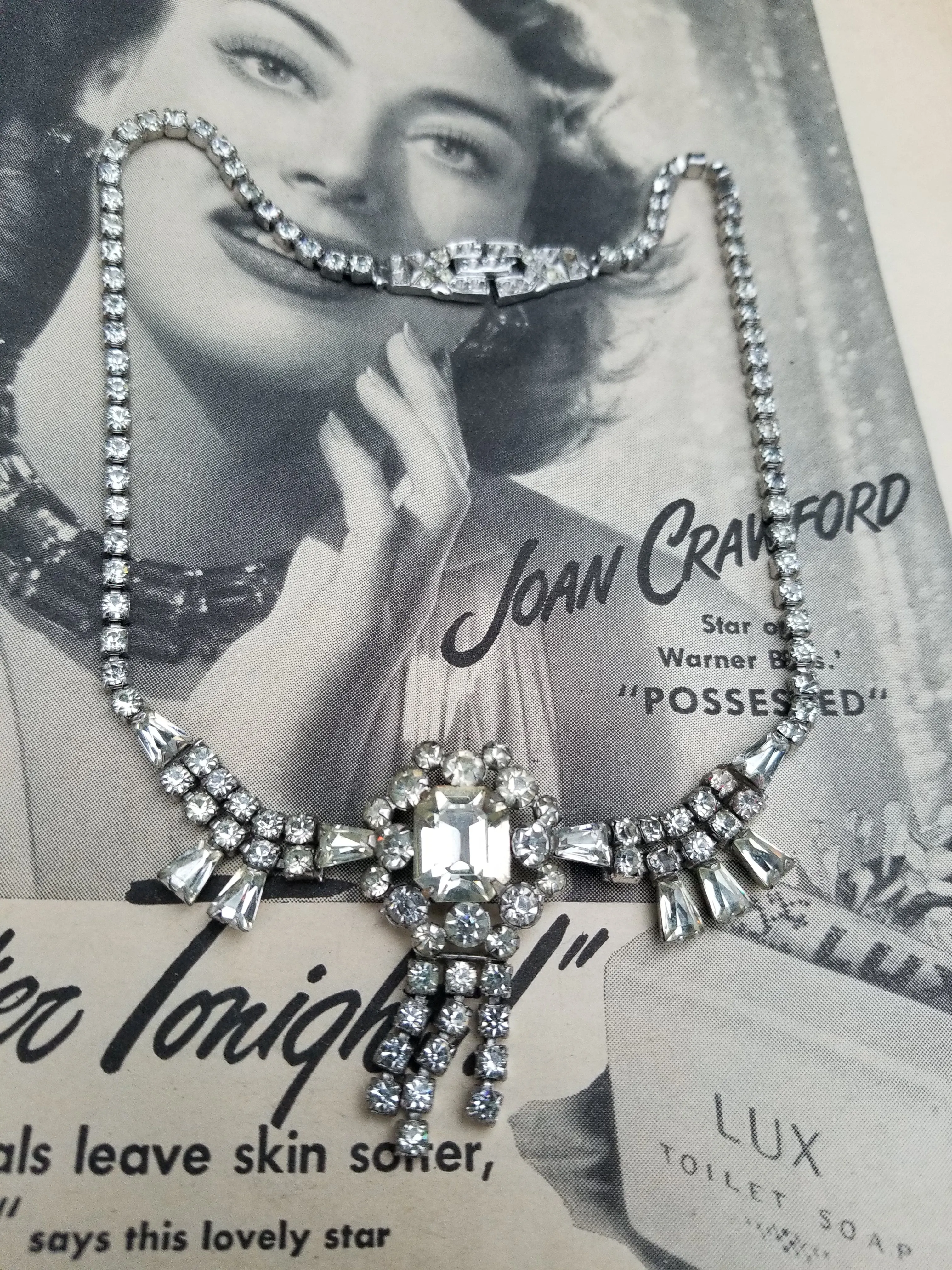 Phyllis signed rhinestone sterling silver vintage bib necklace