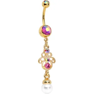 Pink Aurora Gem Faux Pearl Gold Anodized Hamsa Dangle Belly Ring
