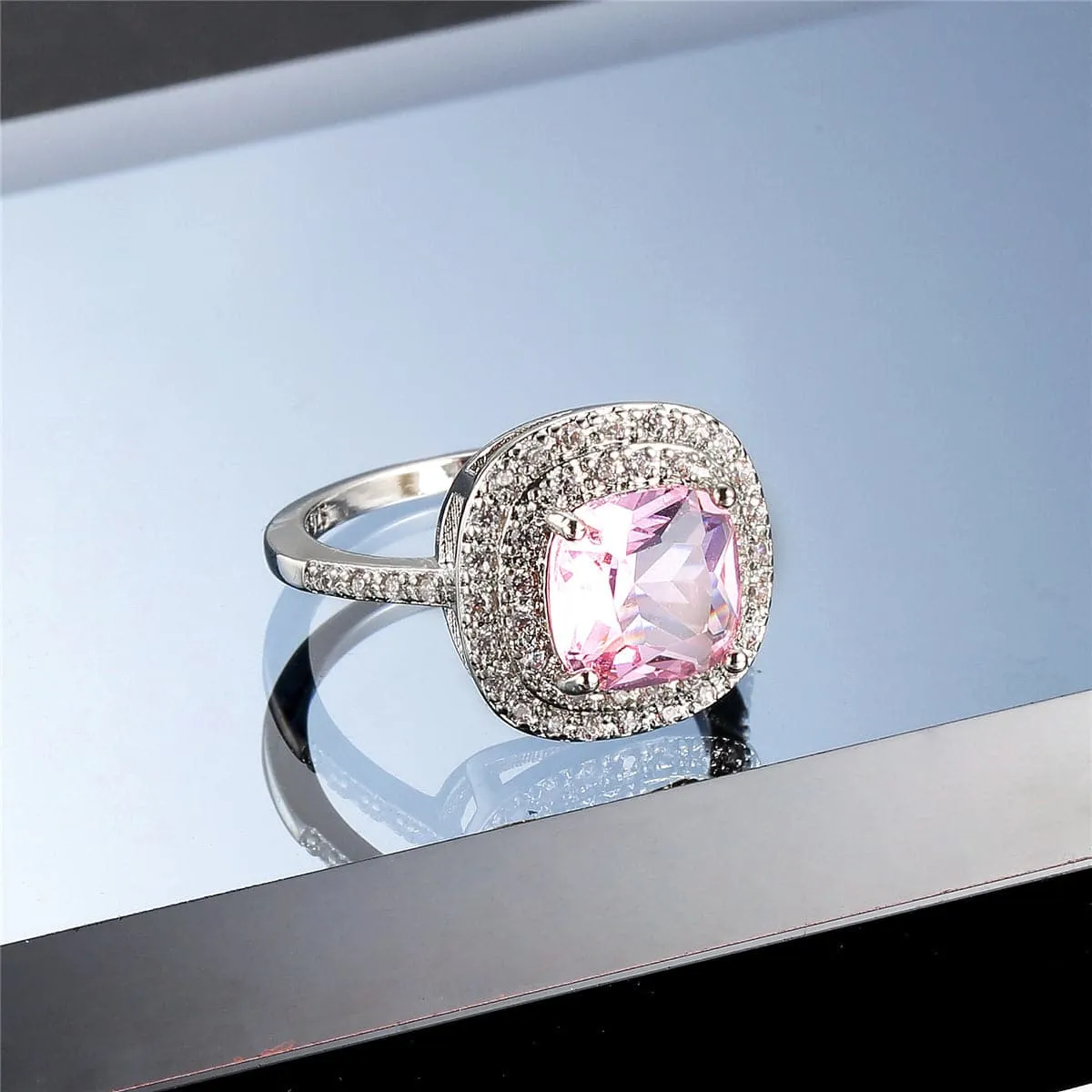 Pink Crystal & Cubic Zirconia Halo Ring