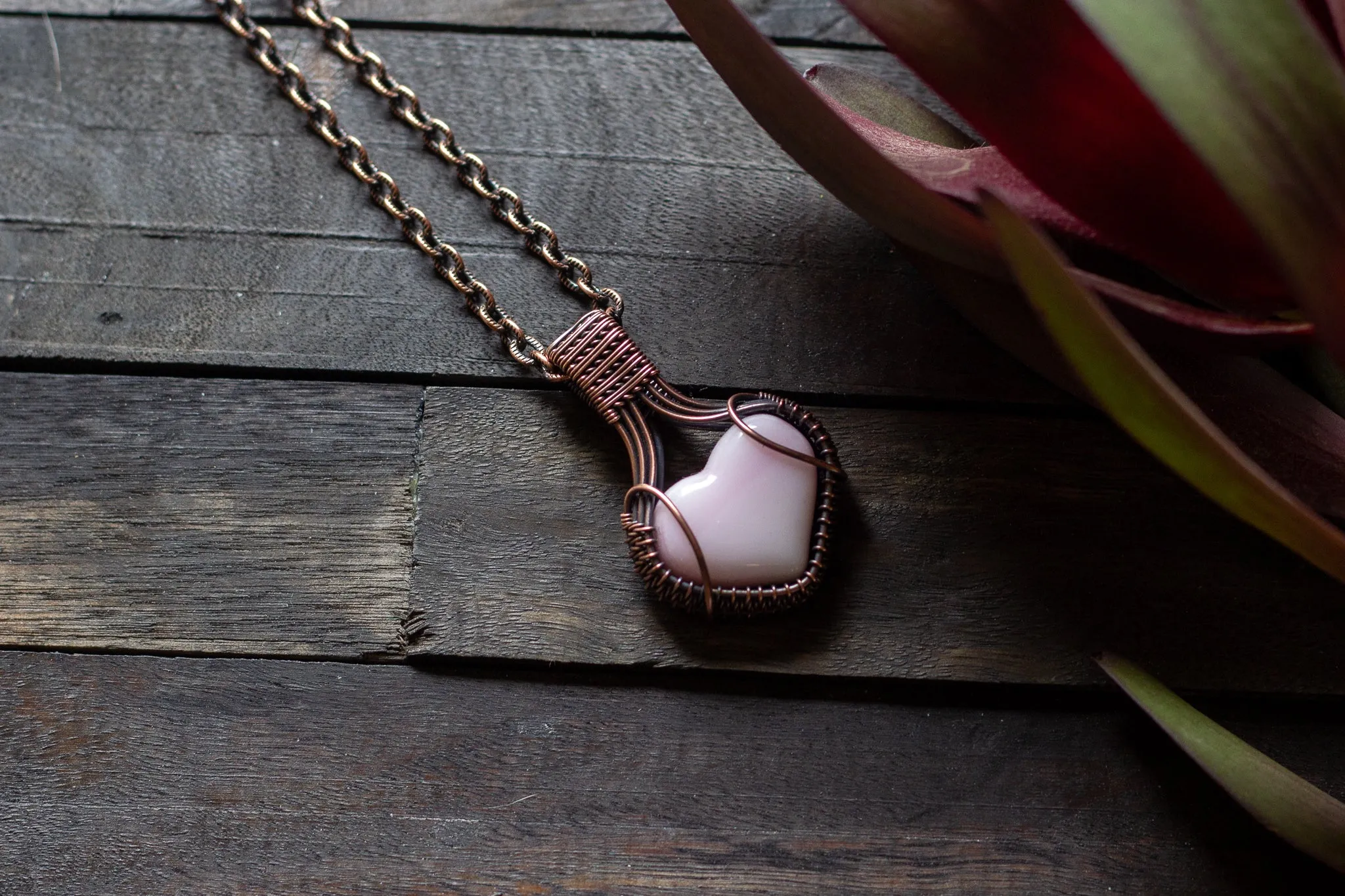 Pink Heart Fused Glass Pendant with Copper Wire Wrapping