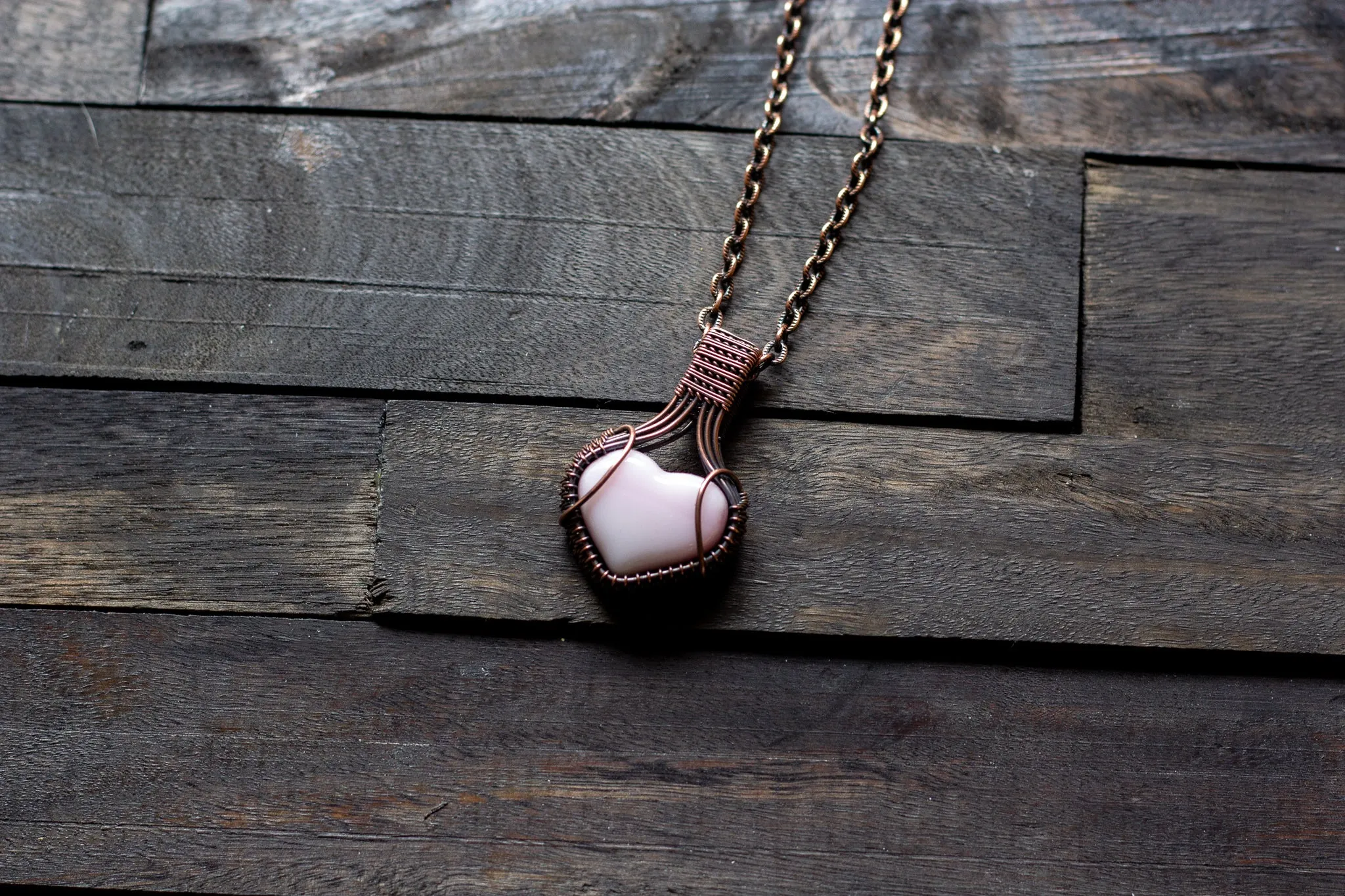 Pink Heart Fused Glass Pendant with Copper Wire Wrapping