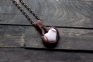 Pink Heart Fused Glass Pendant with Copper Wire Wrapping