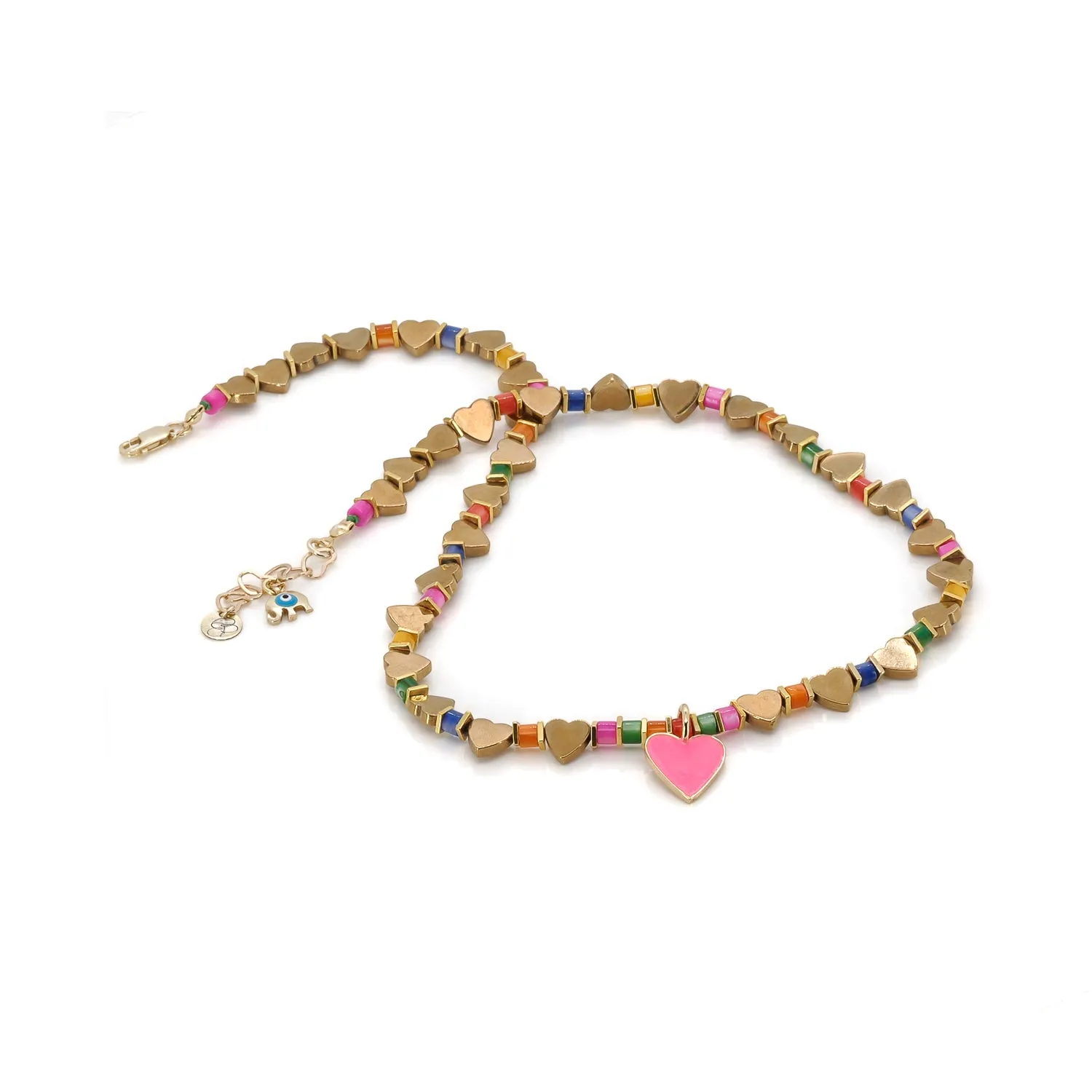 Pink Heart Pendant Gold Heart Beaded Colorful Necklace