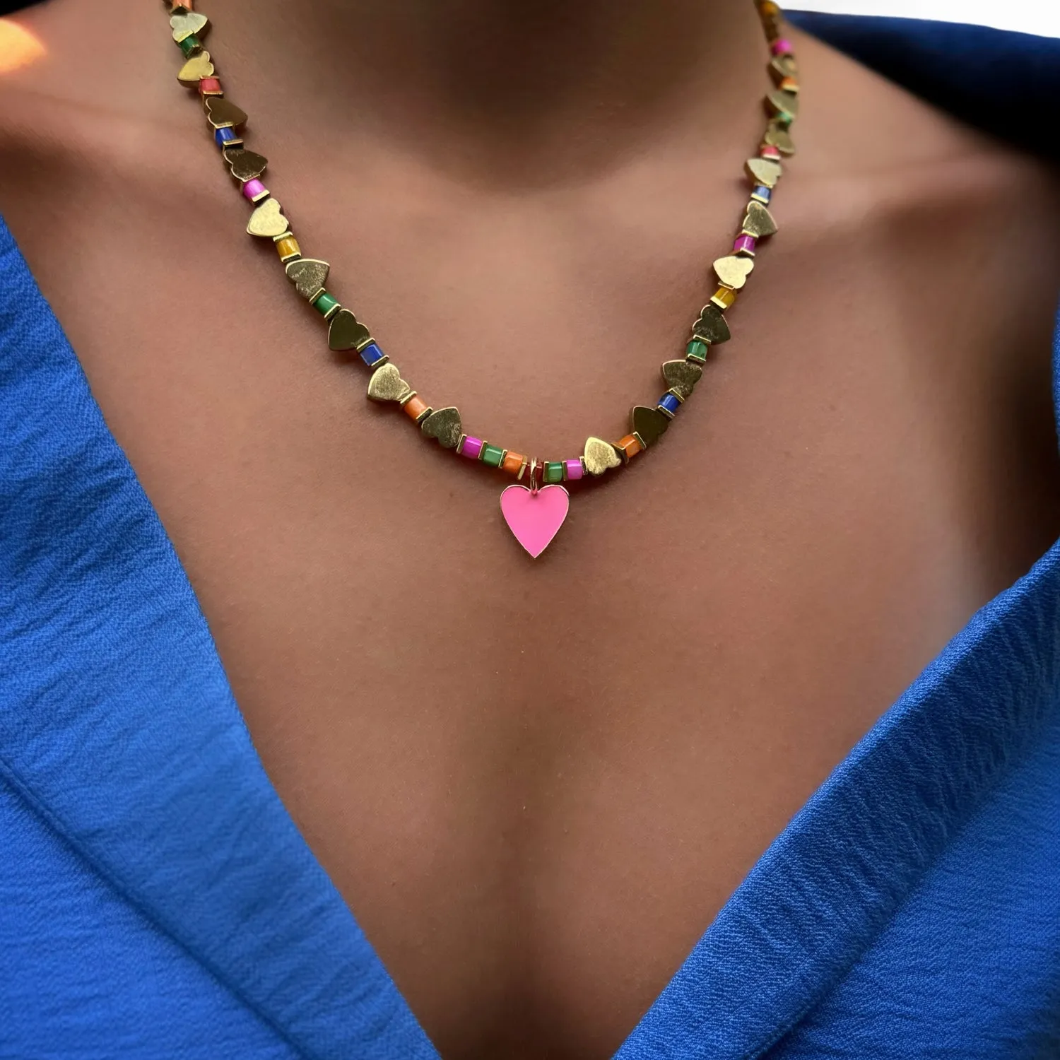 Pink Heart Pendant Gold Heart Beaded Colorful Necklace