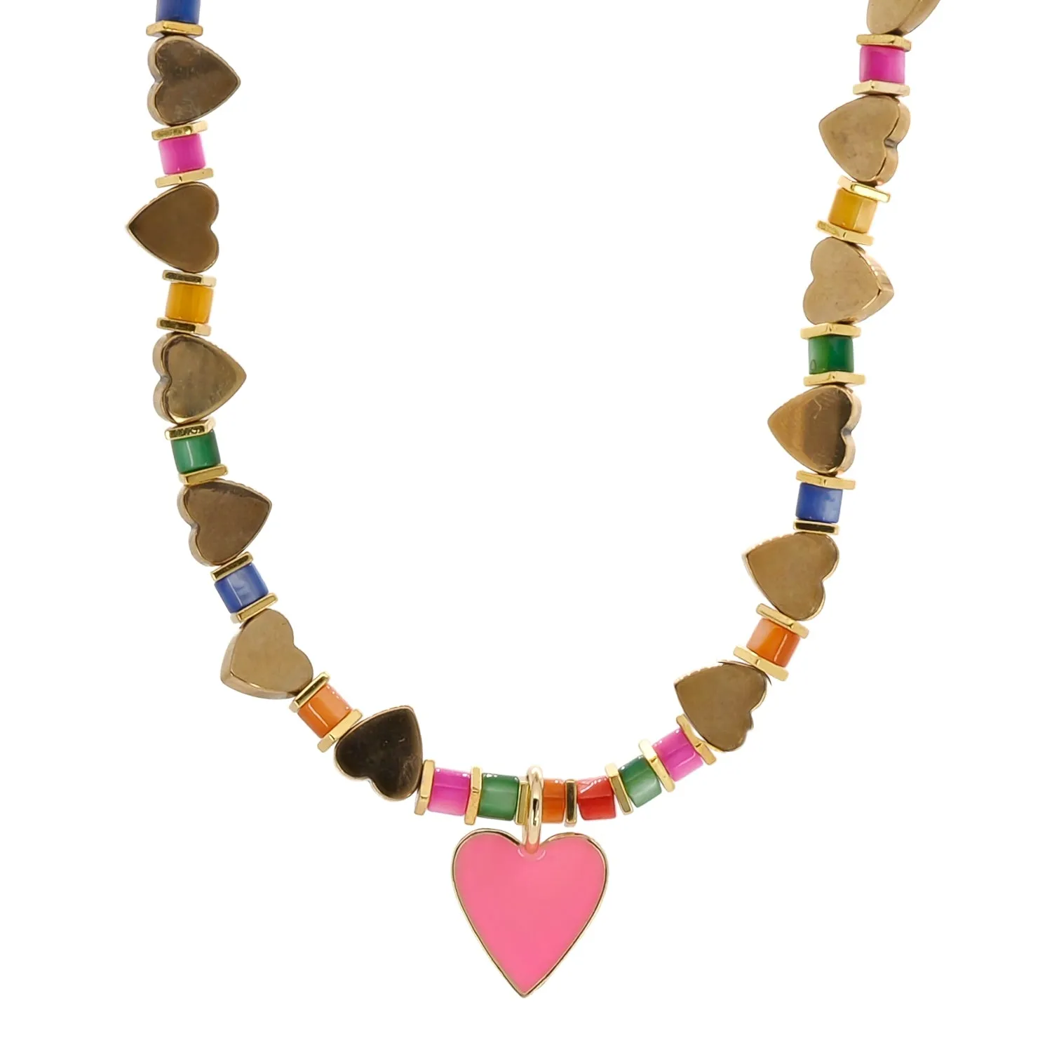 Pink Heart Pendant Gold Heart Beaded Colorful Necklace