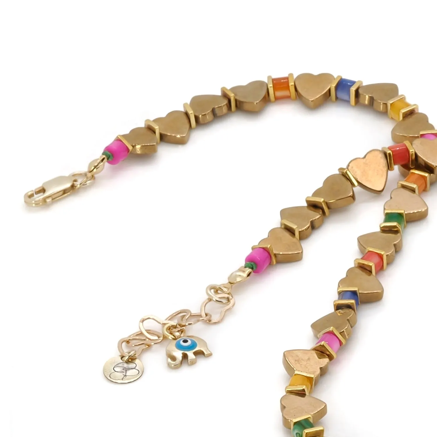 Pink Heart Pendant Gold Heart Beaded Colorful Necklace