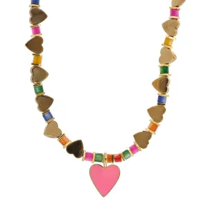Pink Heart Pendant Gold Heart Beaded Colorful Necklace