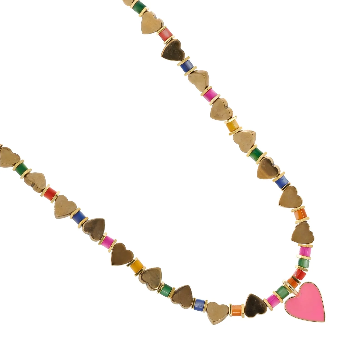 Pink Heart Pendant Gold Heart Beaded Colorful Necklace