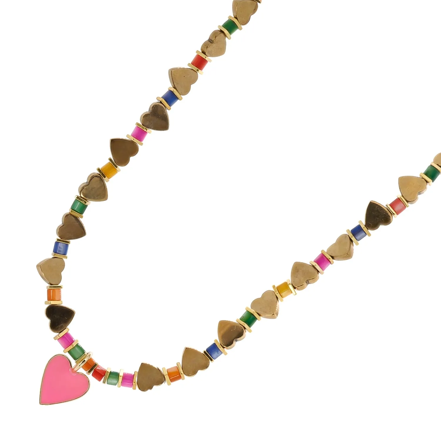 Pink Heart Pendant Gold Heart Beaded Colorful Necklace