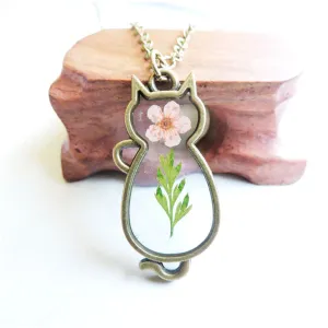 Pink Peach Blossom & 18K Gold-Plated Cat Pendant Necklace