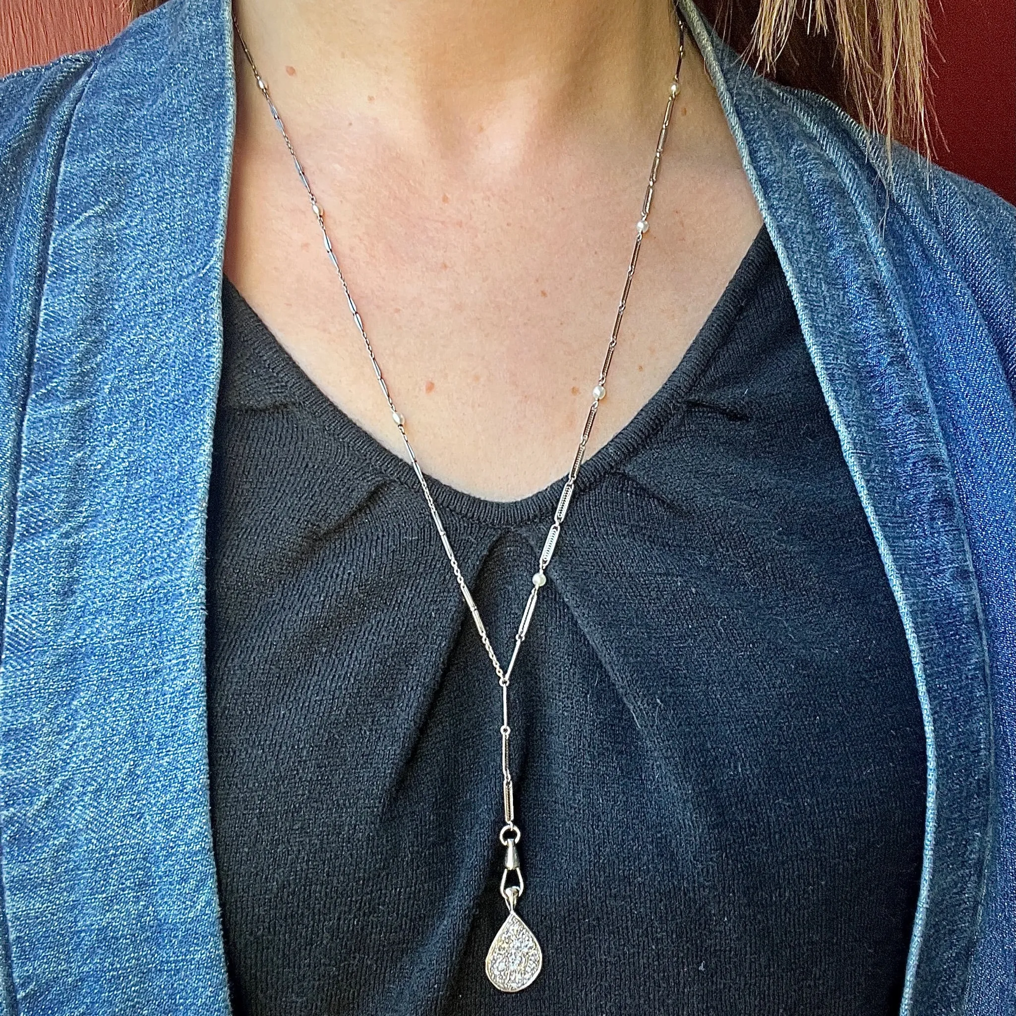 Platinum & Pearl Fancy Link "Y" Chain by Ancient Influences
