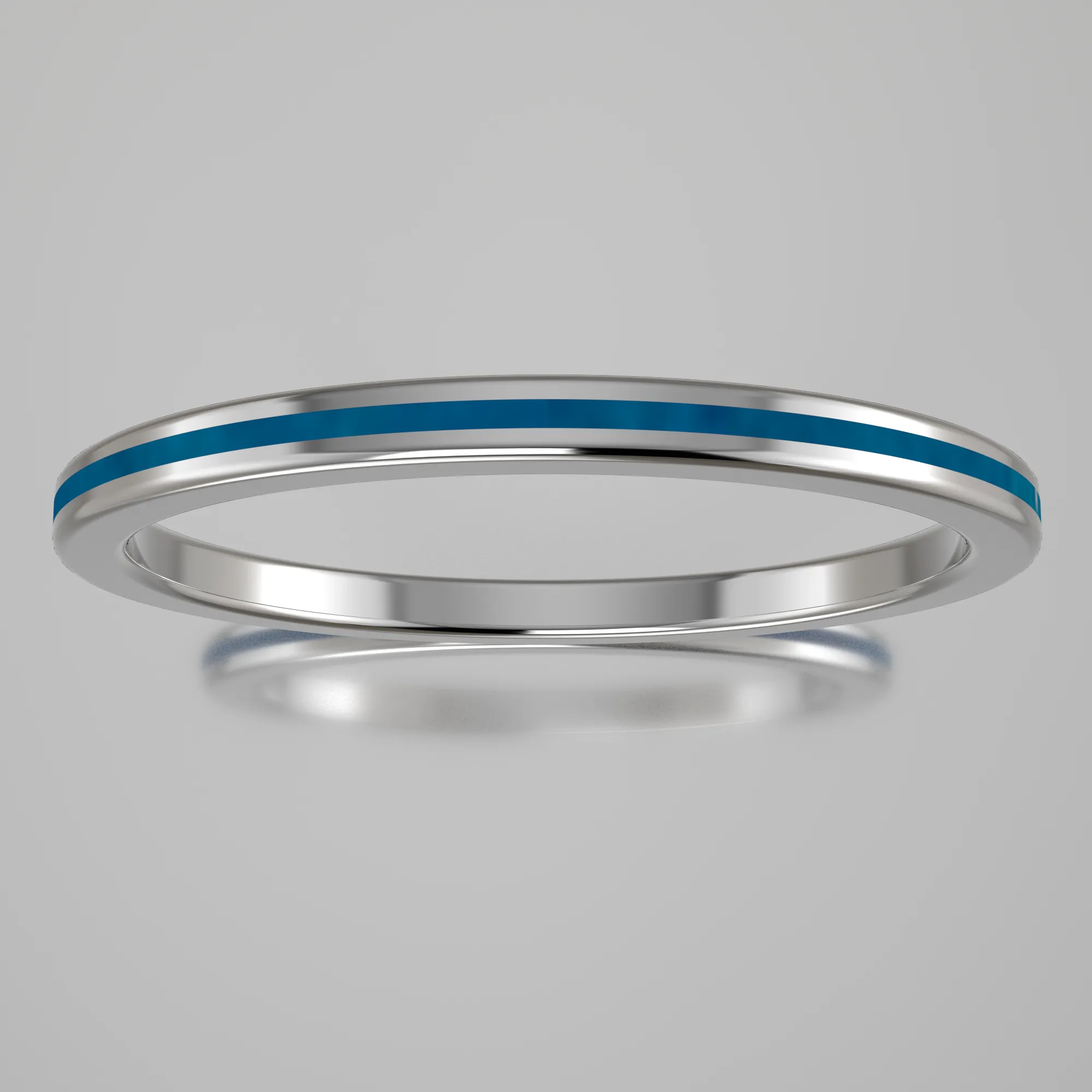 Polished White Gold 1.5mm Stacking Ring Blue Swirl Resin