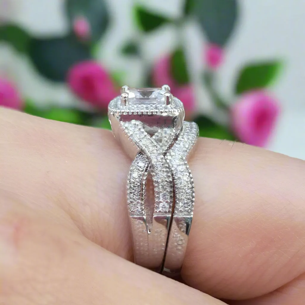 Princess Cut Diamond Halo Criss Cross Wedding Ring Set