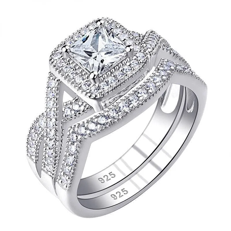 Princess Cut Diamond Halo Criss Cross Wedding Ring Set