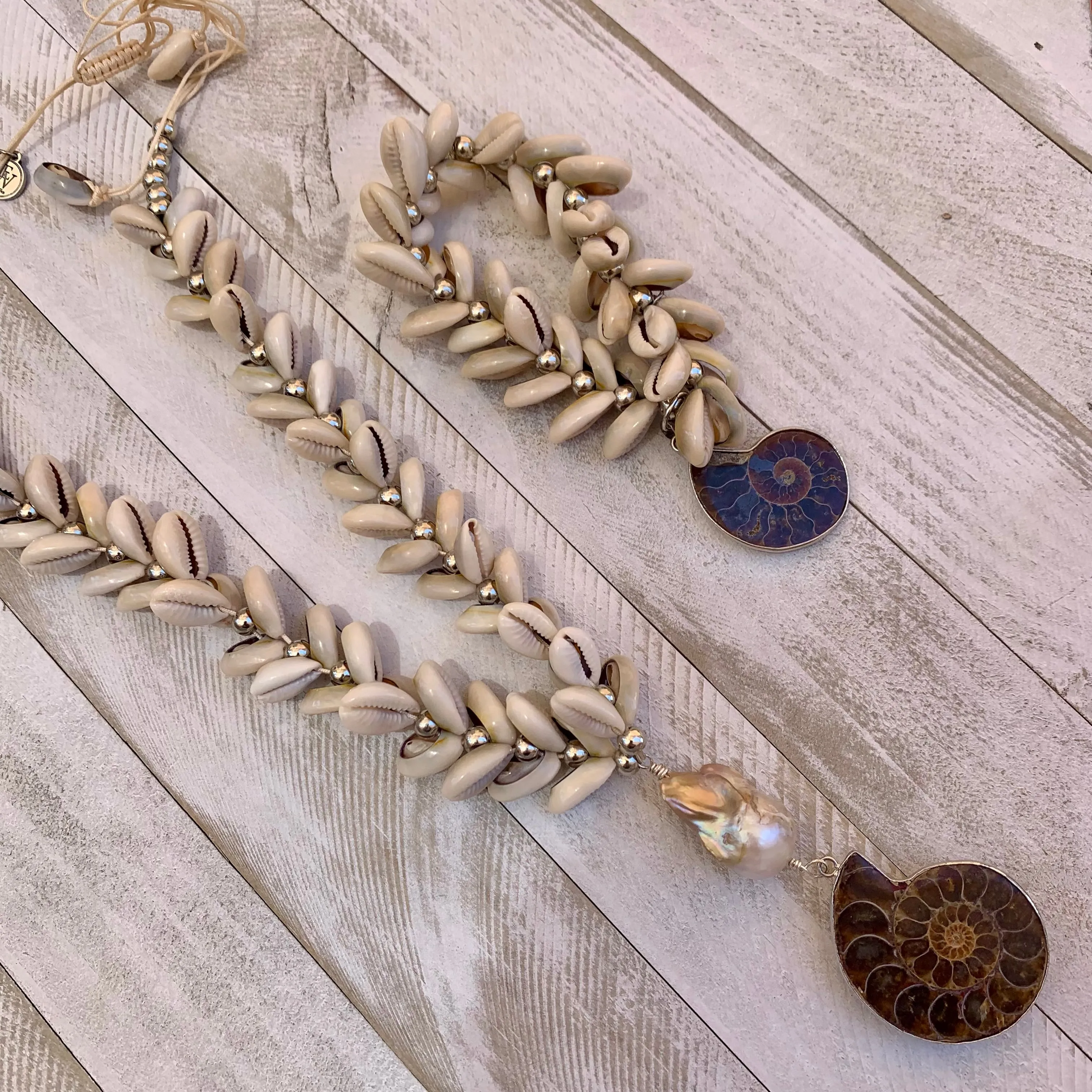 Puka Shells Necklace with a Baroque Pearl and an Ammonite Fossilized Shell as Pendant 330-08 | Erika Williner Designs