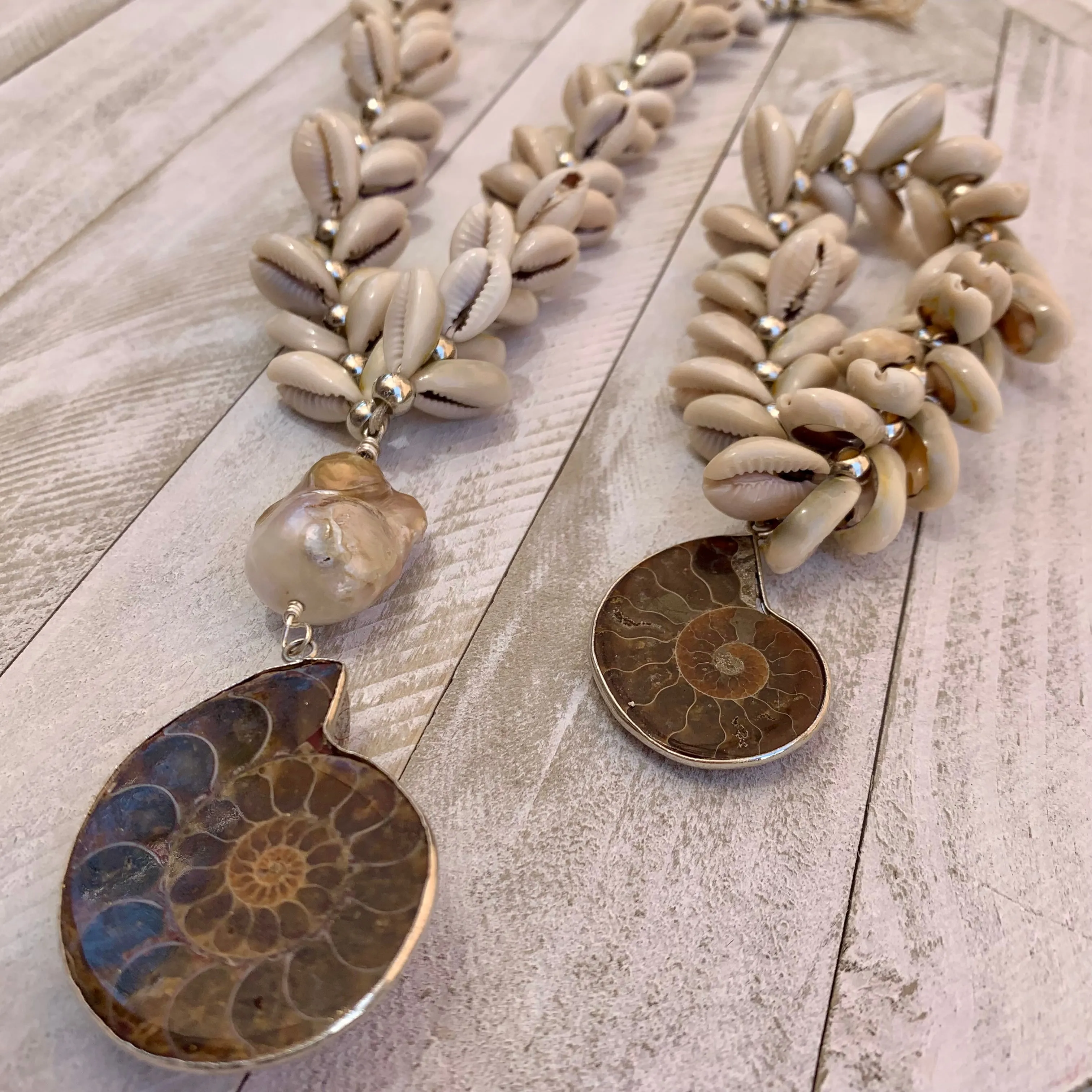 Puka Shells Necklace with a Baroque Pearl and an Ammonite Fossilized Shell as Pendant 330-08 | Erika Williner Designs