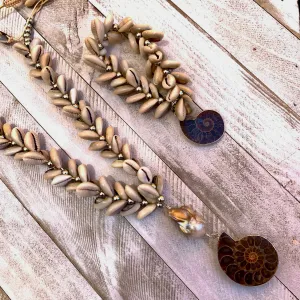 Puka Shells Necklace with a Baroque Pearl and an Ammonite Fossilized Shell as Pendant 330-08 | Erika Williner Designs