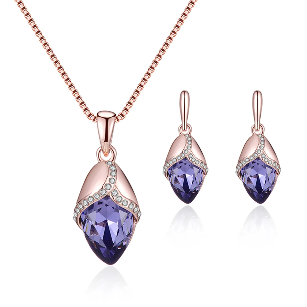 Purple & White Cubic Zirconia Pendant Necklace & Drop Earrings