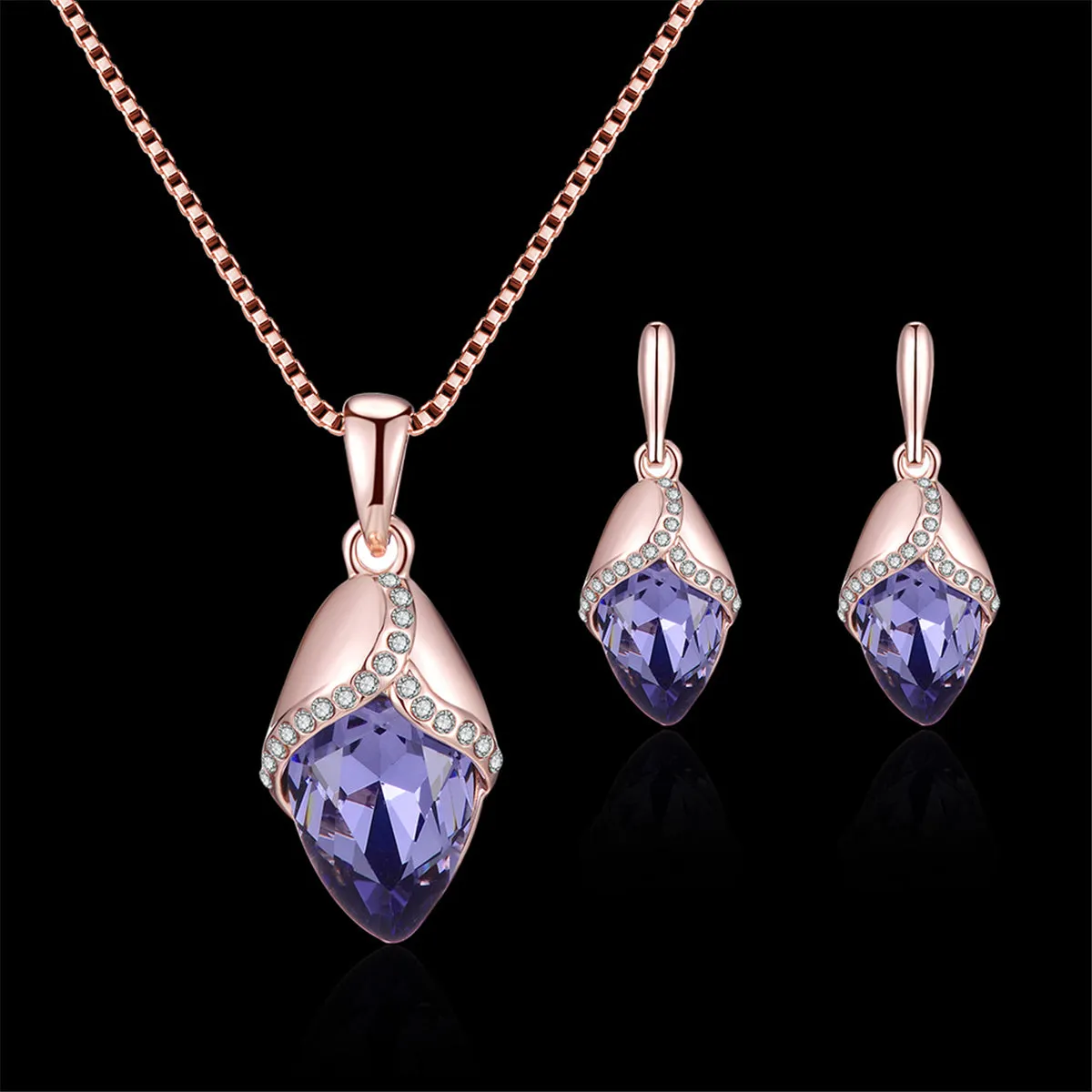 Purple & White Cubic Zirconia Pendant Necklace & Drop Earrings