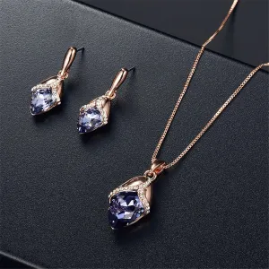 Purple & White Cubic Zirconia Pendant Necklace & Drop Earrings