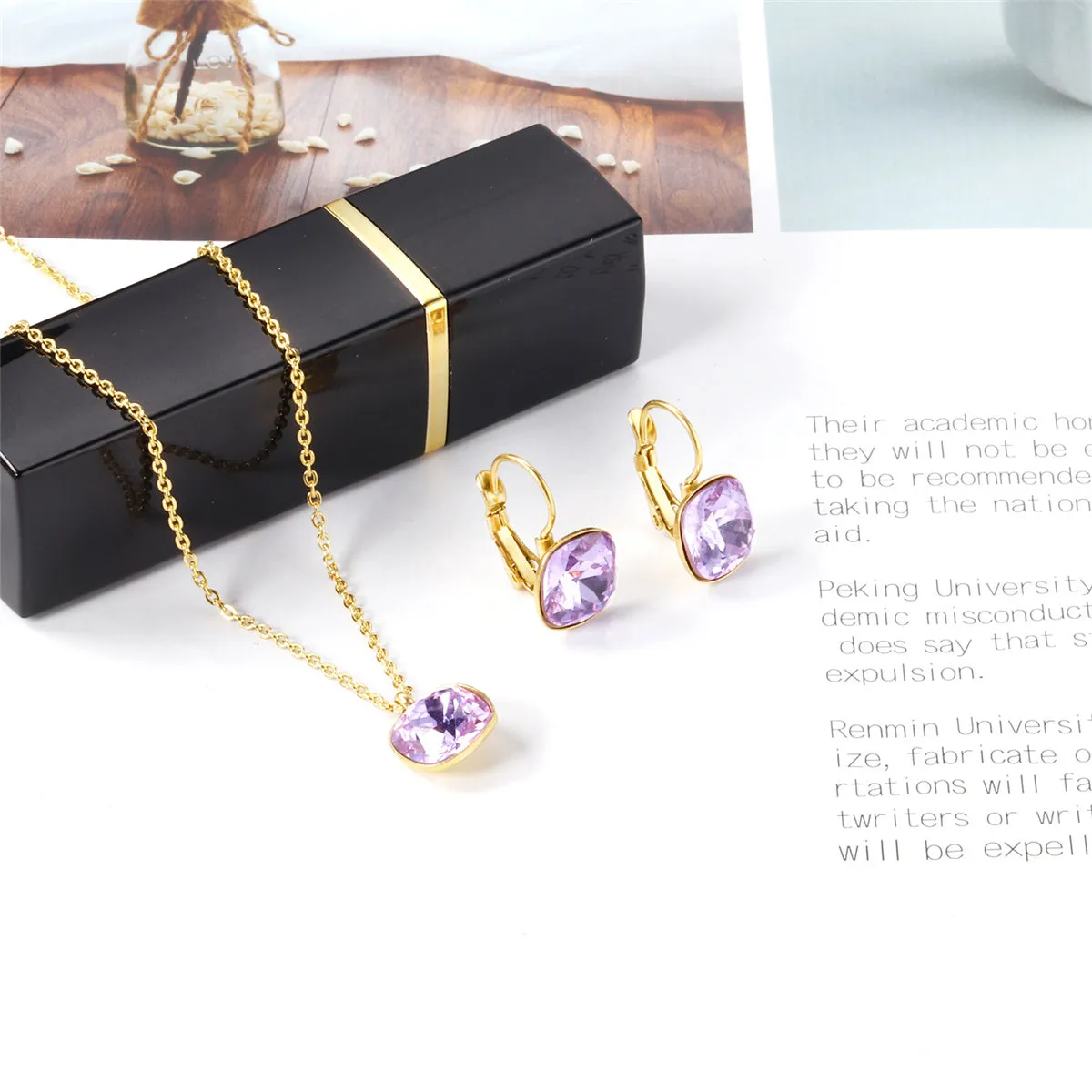 Purple Crystal & 18K Gold-Plated Square Drop Earrings Set