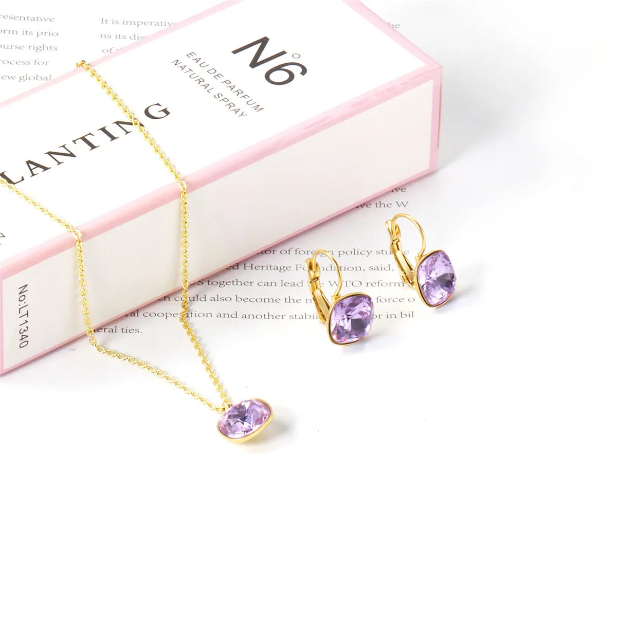 Purple Crystal & 18K Gold-Plated Square Drop Earrings Set