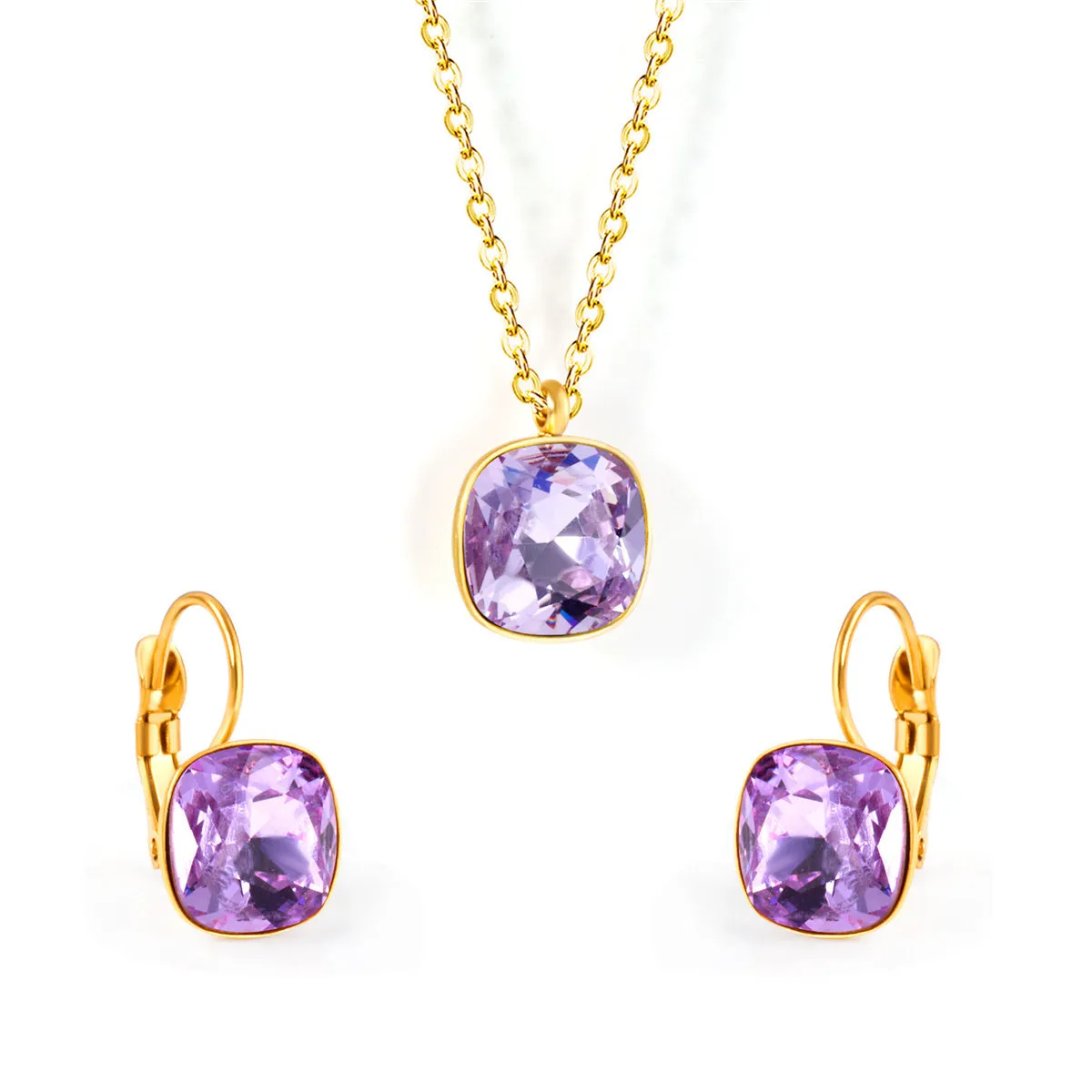 Purple Crystal & 18K Gold-Plated Square Drop Earrings Set