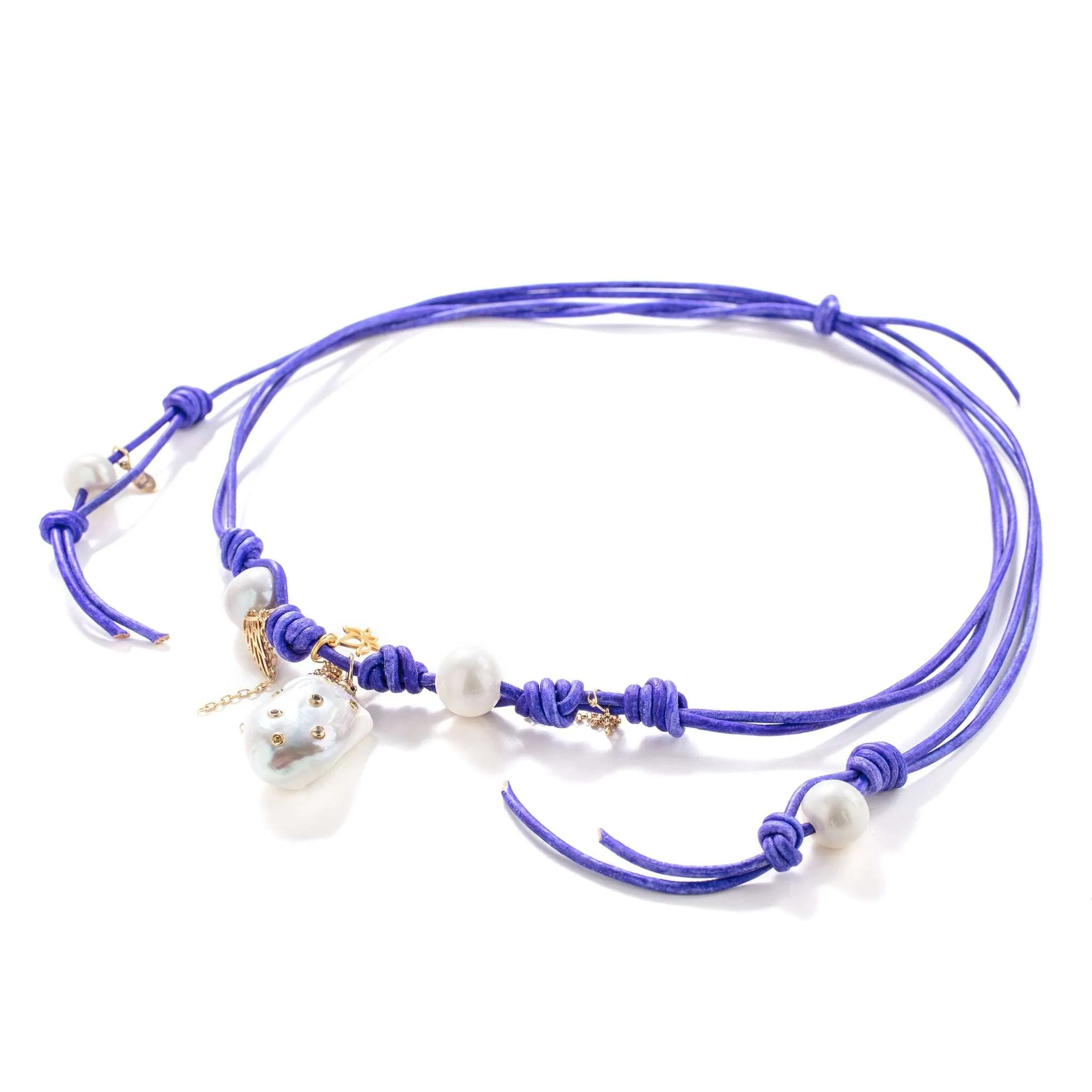 Purple Rainbow Dream Pearl, Gold Flower, Angel Wing Chain Leather Necklace