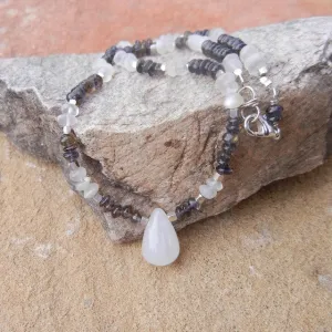 Quartz drop pendant with moonstone and iolite necklace