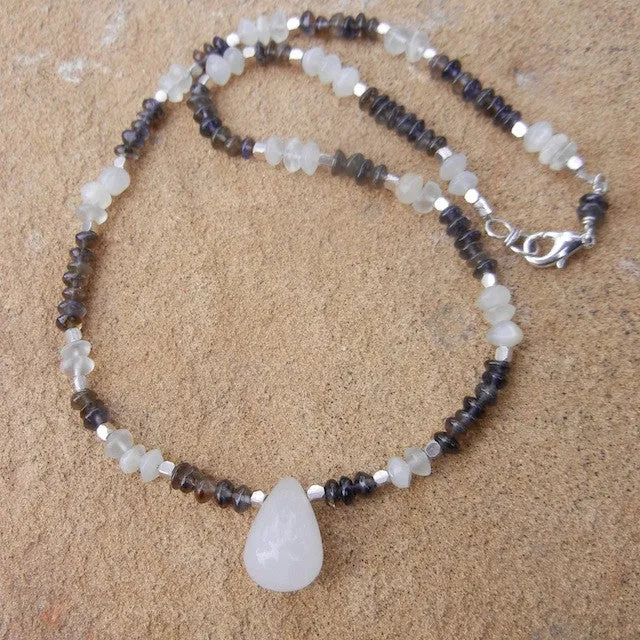 Quartz drop pendant with moonstone and iolite necklace