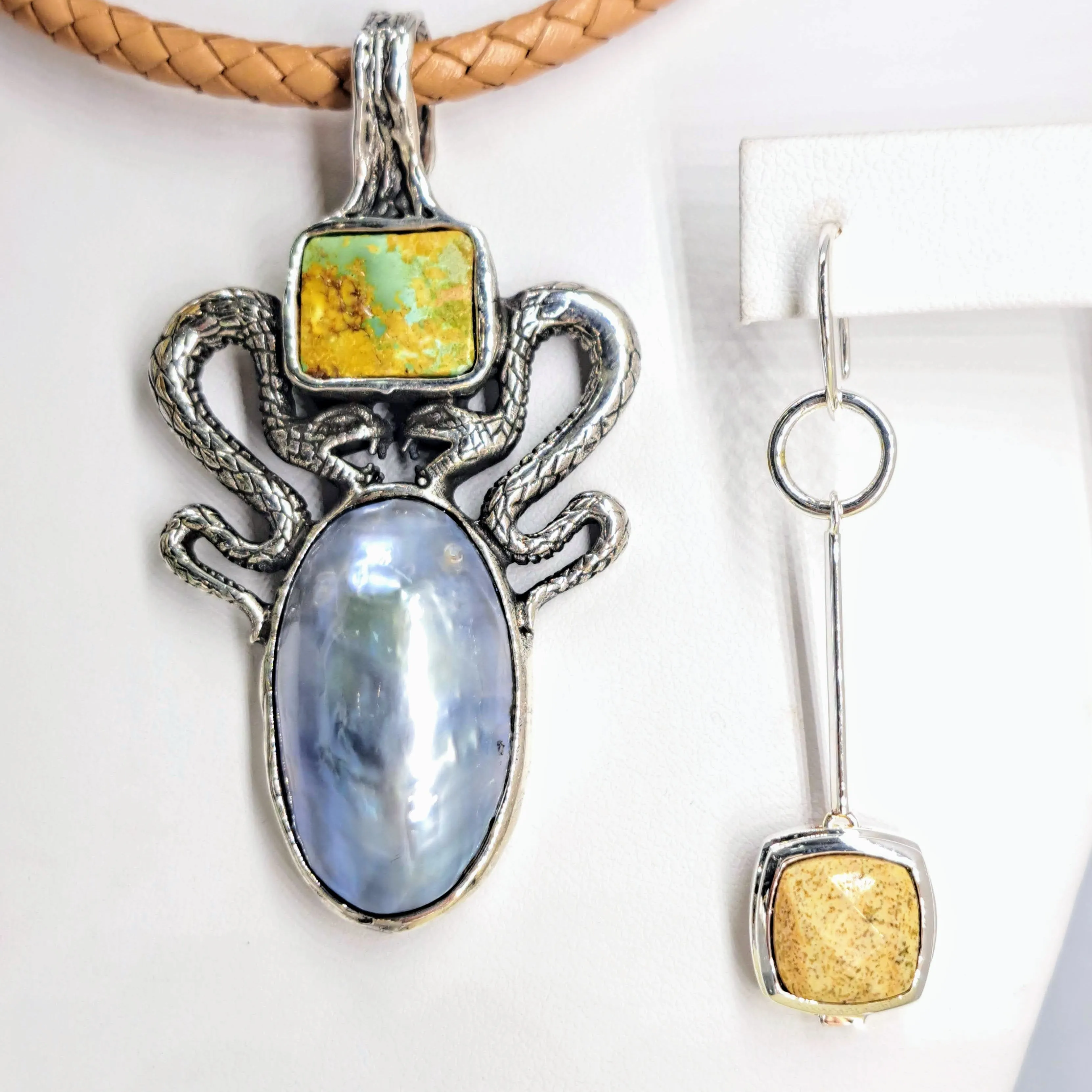 "Amulet" Pendant Necklace -  Mother Of Pearl, Turquoise, Sterling