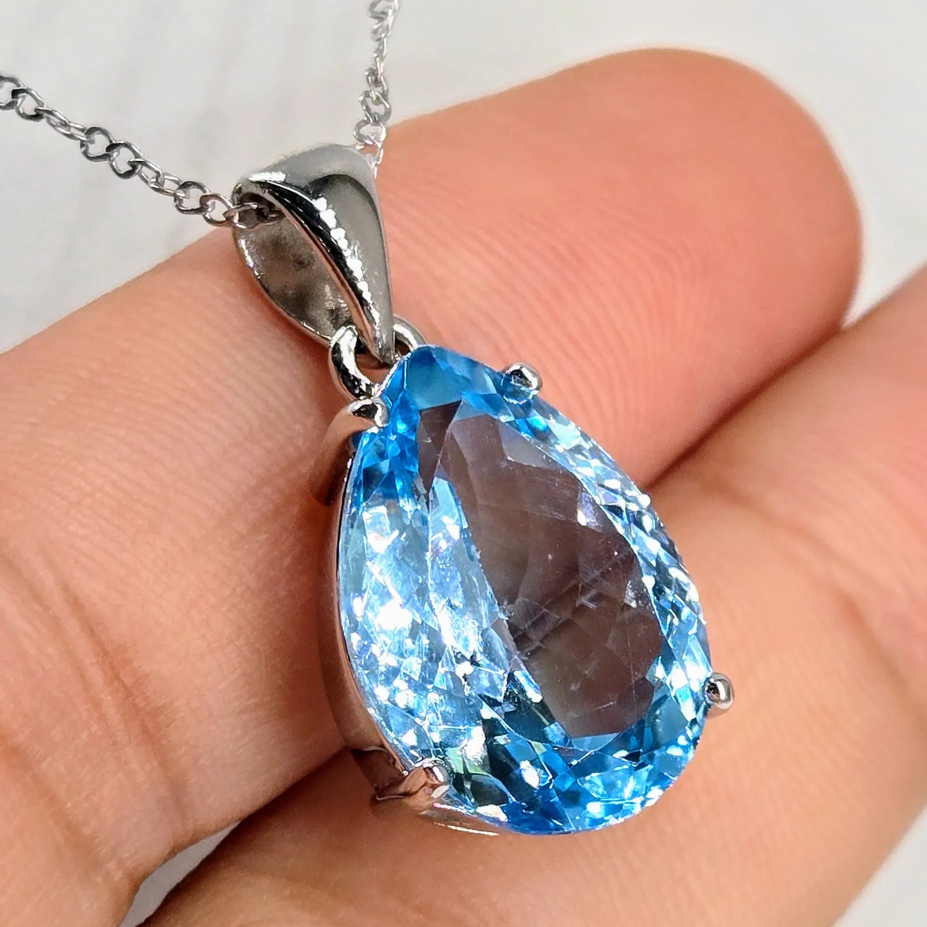 "Blue Ocean Drop" Pendant Necklace - Topaz, Anti-tarnish Sterling